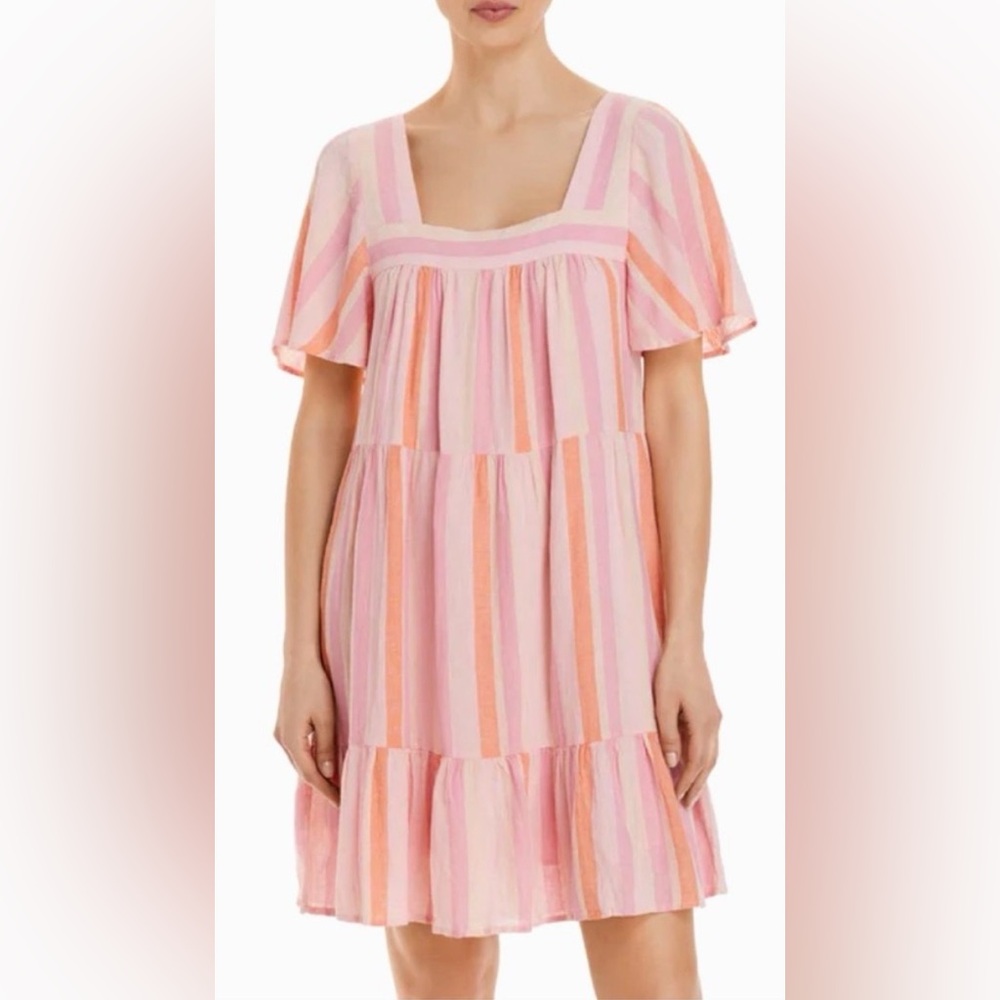 RAILS Valentina Dawn Stripe Mini BabydollDress Pink Orange Linen Blend Tiered M